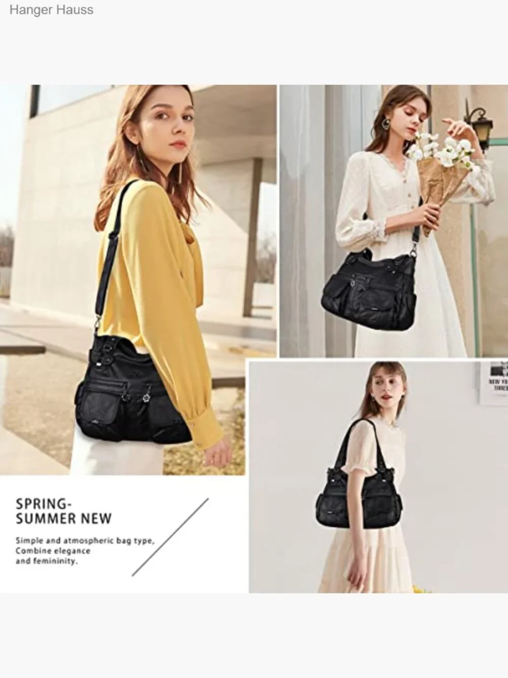 Large Hobo Handbag Double Zipper Multi Pocket Washed PU Leather Purse